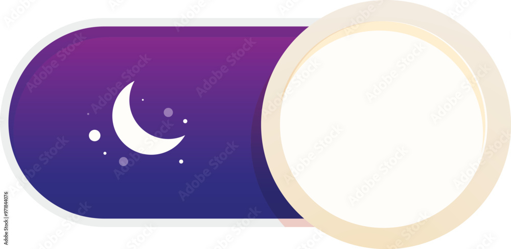 Poster night mode toggle switch button is turning on, shown by a crescent moon and stars icon on a purple a
