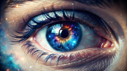 Mesmerizing eye reflecting a vibrant cosmic galaxy, perfect for futuristic designs.