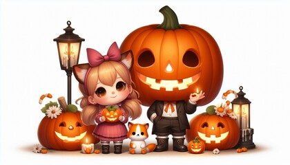 Cute Cartoon Halloween Characters With Jack o Lantern Pumpkins