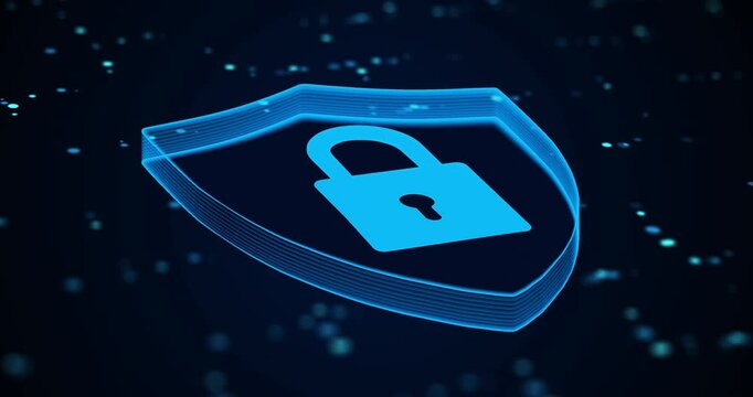 Cybersecurity, digital lock and motherboard for privacy coding, programming or hardware processing. CPU, information technology and 3D cloud computing for blockchain encryption by black background.