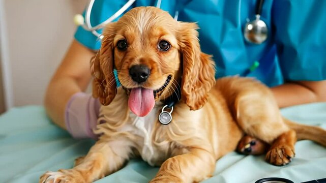 Sweet cocker spaniel puppy receiving care at veterinary clinic during a routine check-up with a caring veterinarian