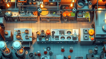 A lively and busy restaurant kitchen where chefs are actively preparing a variety of dishes showcasing culinary energy