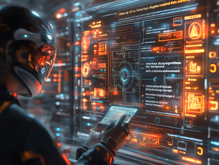 Man Staring at an AI Screen in a High-Tech Environment
