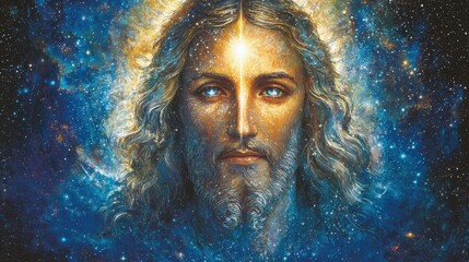 Divine Light  Jesus Christ Portrait in Cosmic Background