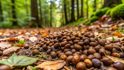 A bounty of brown scat scattered across the forest floor, silently proclaiming the presence of a hidden hunter