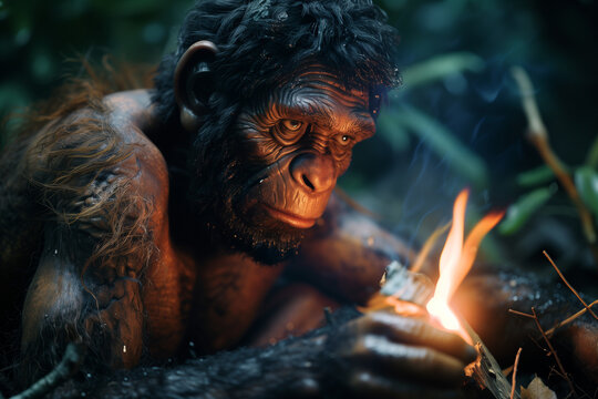 Homo Erectus depicted in prehistoric context as lighting fire with primitive human traits