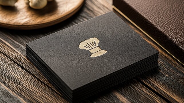 A traditional business card is displayed with a chef's hat graphic against a dark wood background, showcasing an elegant and classic design