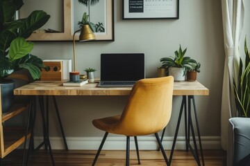 Minimalist home office with a clean desk, sleek laptop, and comfy chair. 🖥️🪑 Subtle decor adds elegance and personality for a productive workspace.