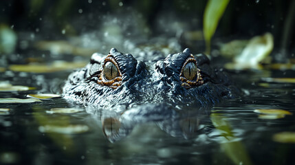 Naklejka premium Crocodile emerges from swamp with focused intensity