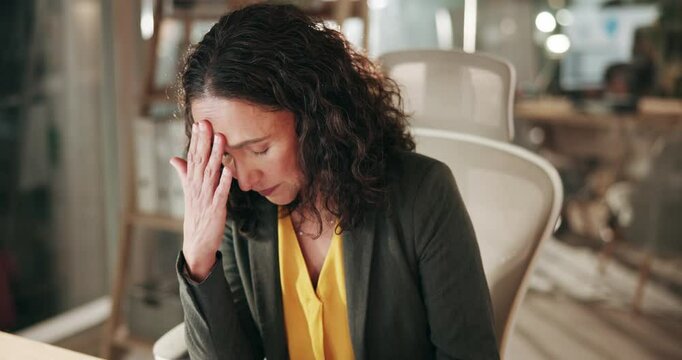Frustrated woman, night and mistake with headache, stress or anxiety for financial crisis, debt or bad review at office. Female person, employee or accountant working late with pressure for deadline
