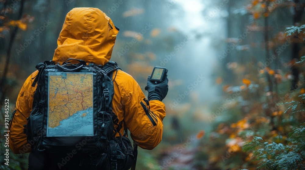 Aufkleber hiker using gps on a misty forest trail with a map on backpack.