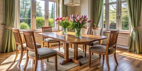 A charming focal point is created by the pairing of a beautifully crafted wooden table, chairs, and a