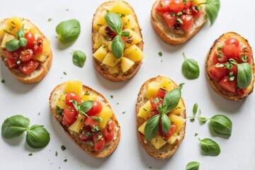 Pineapple Bruschetta: Overhead view of several bruschetta pieces arranged on a plain white surface