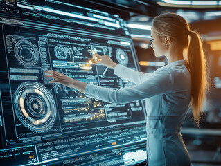 woman looking at a futuristic AI hologram displaying complex algorithms and data analysis, set in a high-tech environment.