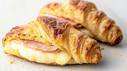 Ham and Cheese Croissants on White Wooden Table