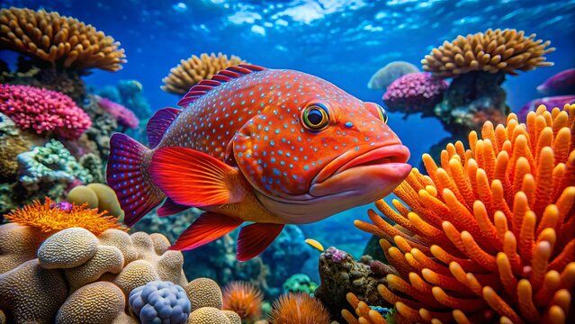 A coral trout swims majestically through a tapestry of vibrant coral, its fins rippling as it navigates schools