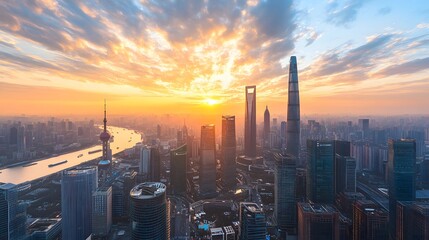 Fototapeta premium Shanghai Skyline at Sunset with the Pearl Tower and Skyscrapers