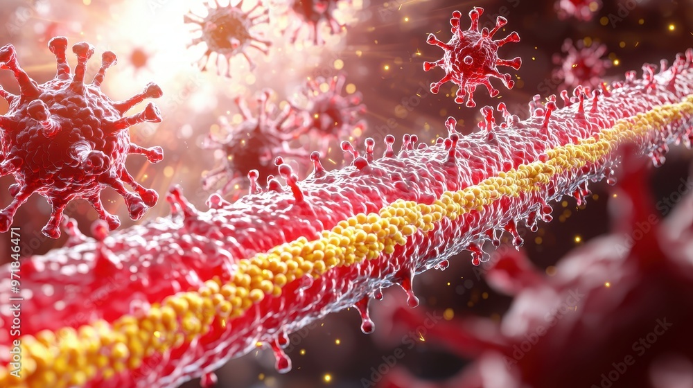 Poster d render of virus particles and cell structure