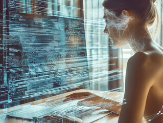 woman looking at a futuristic AI hologram displaying complex algorithms and data analysis, set in a high-tech environment.