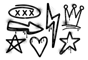 Set of graffiti icons. Brush. Charcoal and crayon. Scribble. Grunge texture. Trendy elements. Collection shapes. Spray, dots. Melted paint. Ink. Freehand. Splash. Street art. Star, lightning, crown