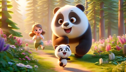 A Mother panda and cute baby girl with a baby panda in the Forest, fantasy and fairytale jungle adventure, Baby Panda Rescue, Magical Forest Adventure Story. Love, cute, 3D HD images.