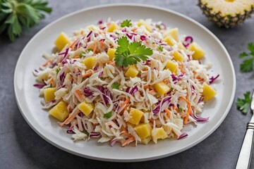 Pineapple Coleslaw: Overhead view of pineapple coleslaw spread thinly on a white plate