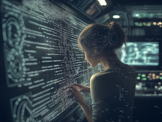 woman looking at a futuristic AI hologram displaying complex algorithms and data analysis, set in a high-tech environment.