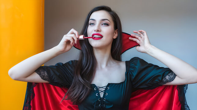 Vampire woman applying lipstick, with a red and black cape in a bright setting