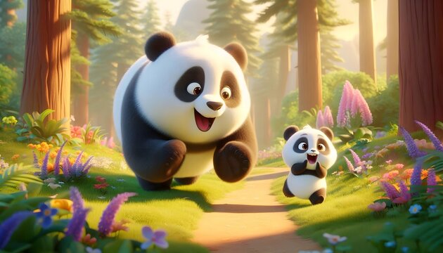A baby panda Running in front of his mother in the forest way, A baby panda with her mother in the jungle, fantasy, fairytale jungle adventure, Magical Forest Adventure Story, Love, cute, 3D HD images
