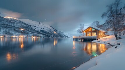 Fototapeta premium Cozy cabin by snowy landscape and river.