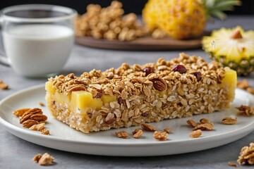 Pineapple Granola Bars: A single granola bar with visible dried pineapple chunks, placed on a plain white plate, showing the chewy texture and nutty ingredients.