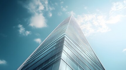 Low Angle View of a Tall Glass Skyscraper Against a Blue Sky with White Clouds