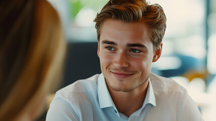 Fototapeta premium Confident Leader Shines in Modern Office Interview