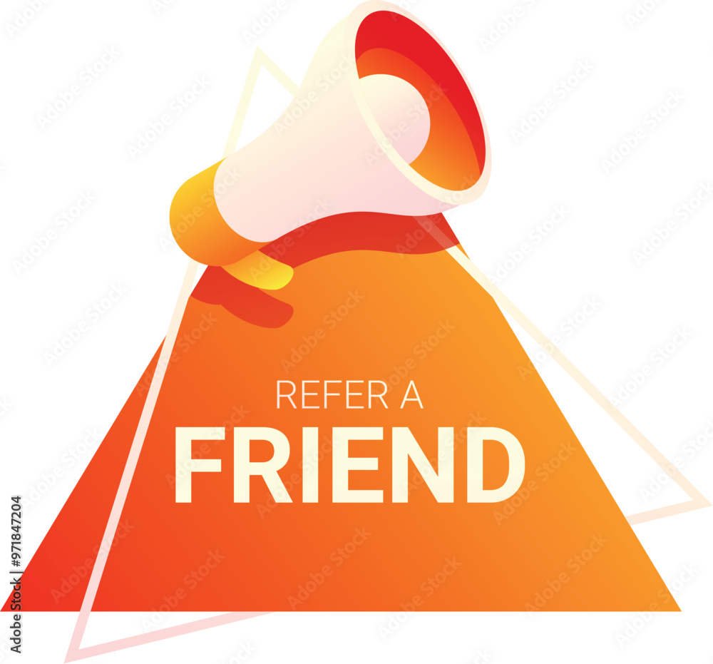 Poster megaphone making announcement about referral program with geometric shape in orange and white