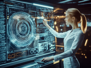 woman looking at a futuristic AI hologram displaying complex algorithms and data analysis, set in a high-tech environment.