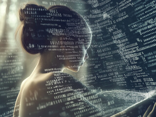 woman looking at a futuristic AI hologram displaying complex algorithms and data analysis, set in a high-tech environment.