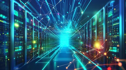 Obraz premium Futuristic data center with powerful servers and vibrant digital connections, representing modern technology and advanced computer networks.