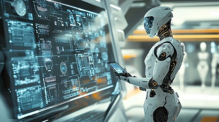 Fototapeta premium Futuristic robot analyzing digital data on a high-tech screen, showcasing advanced AI and technology in a modern workspace.
