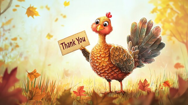 Cute turkey holding a Thank You sign in a colorful autumn landscape with falling leaves. Perfect for Thanksgiving theme.