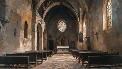 Obraz premium Solemn Decay: Textured Oil Painting of a Shabby Medieval Church Interior
