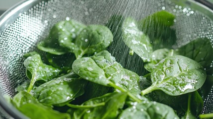 Fresh Spinach Leaves Being Washed in a Colander