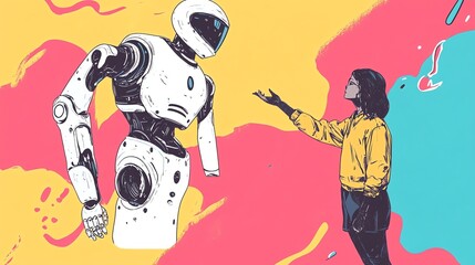 A cartoon-style illustration of a robot and a young person reaching out to each other.