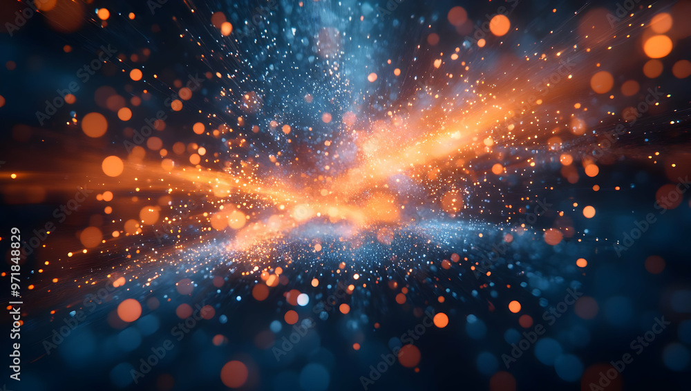 Poster a stunning abstract display of orange and blue particles, creating a dynamic and vibrant atmosphere 