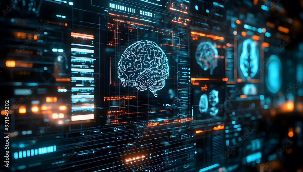 Poster a digital interface showcasing brain graphics, data streams, and vibrant technology, representing ar