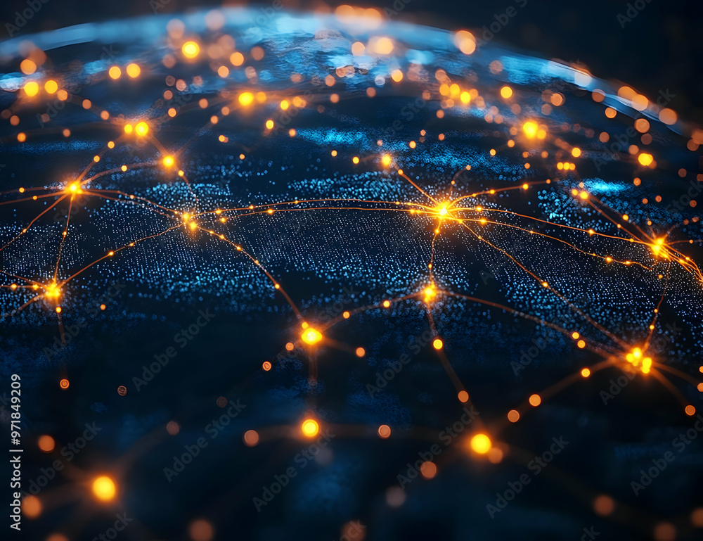 Poster a stunning visual of a digital world map showcasing interconnected nodes and glowing lights, represe