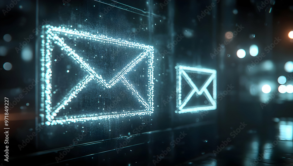 Poster digital representation of glowing email icons in a modern, high-tech setting with a hint of urban ni