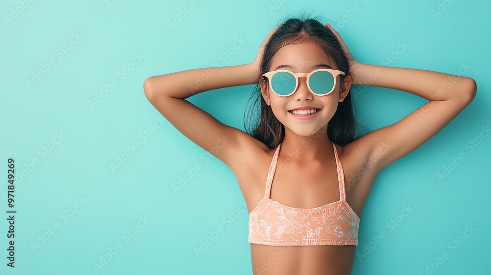 Poster A young girl wearing a swimsuit and sunglasses smiles at the camera.