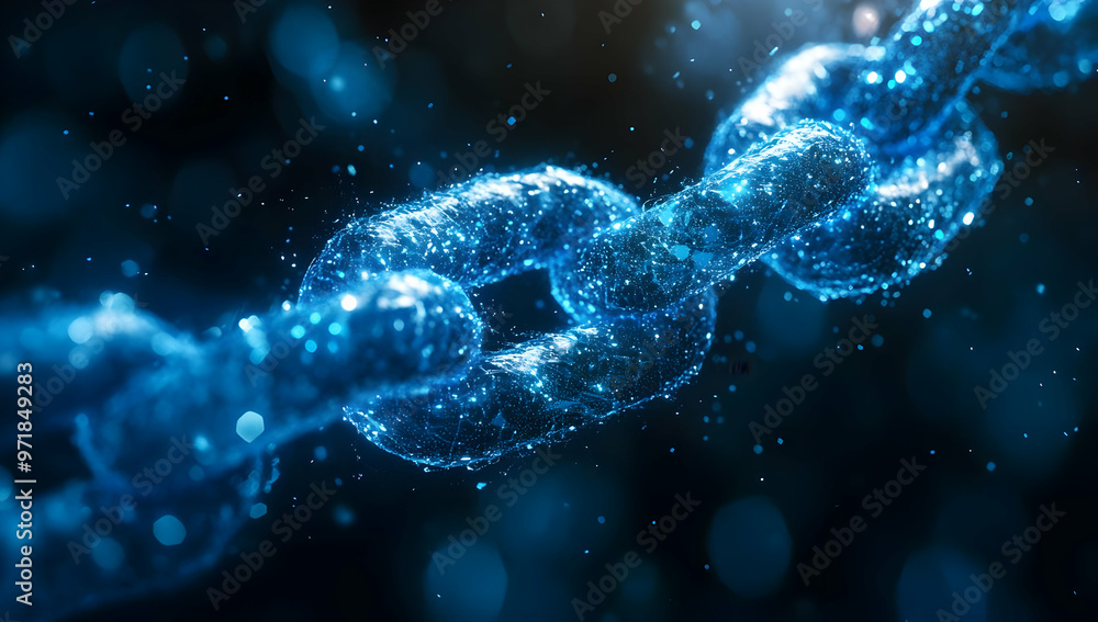 Poster a close-up view of a glowing blue chain link, representing strength and connection amid a dynamic, s