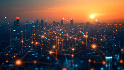 Fototapeta premium Stunning city skyline at sunset, showcasing a network of lights and connections. Perfect for tech and urban themes.