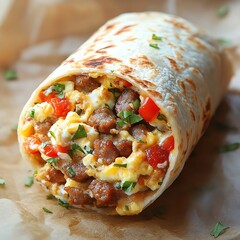 Breakfast burrito with eggs, sausage, and cheese, Fast food, morning favorite